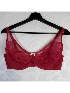 Body by Victoria's Secret Unlined Underwire Demi Bra 36D Sheer Red Lace Pink Bow